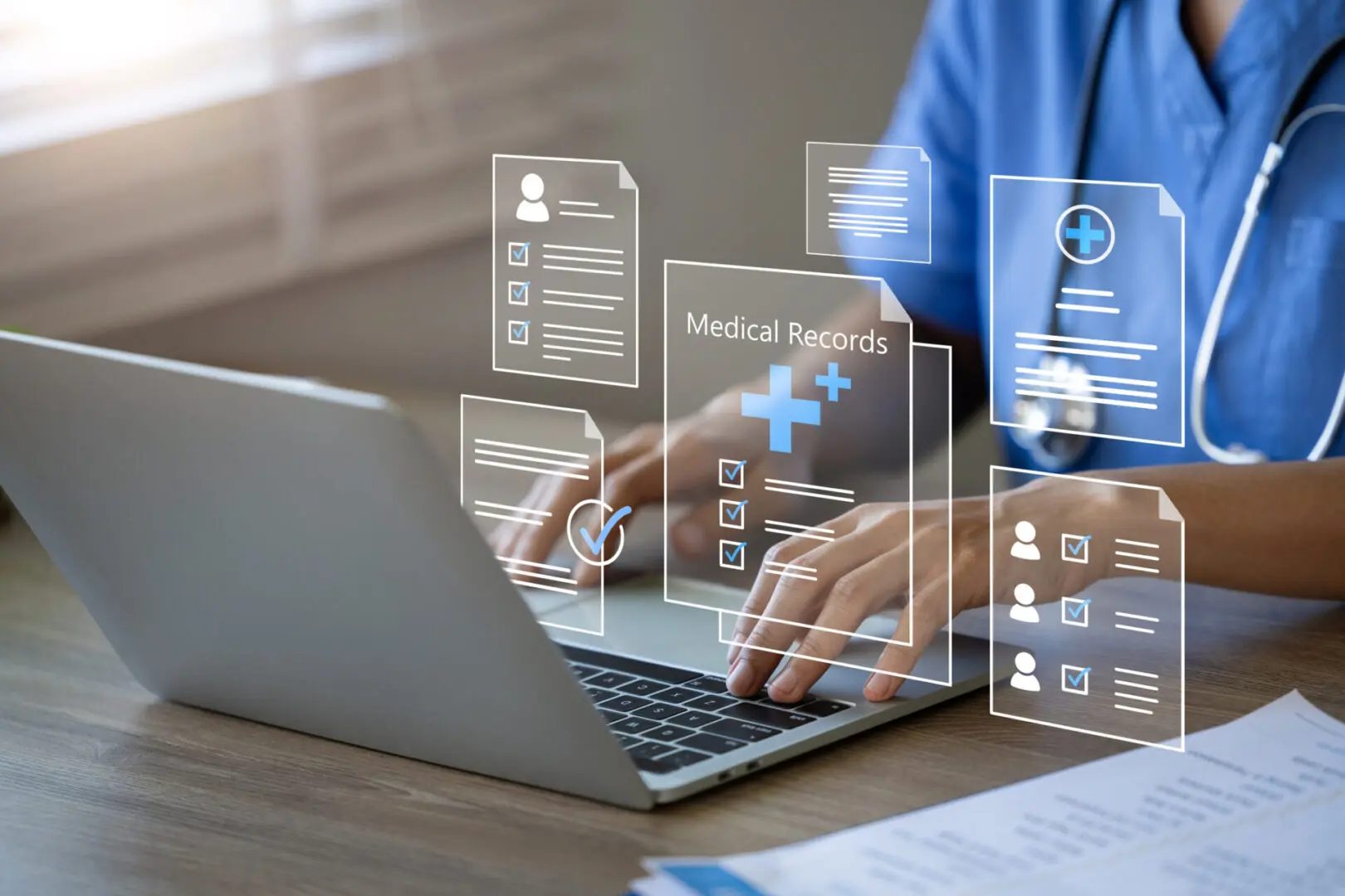 Healthcare professional accessing digital medical records.