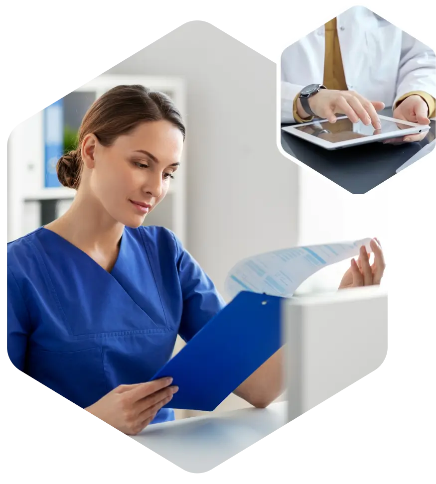 A nurse reviewing a document with a tablet showing a digital medical record.